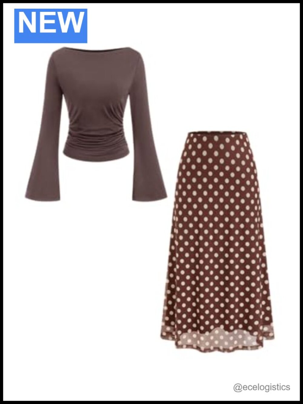 Two Piece Skirt Set Boat Neck Ruffle Top Built in Bra Long Sleeve